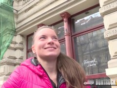 BoxTruckSex - Young woman gets a facial in public during a porn casting Thumb