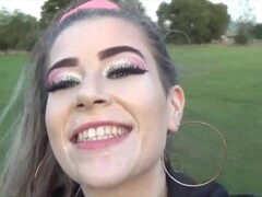 Schoolgirl gives public blowjob & fucks outdoors for facial with cumwalk Thumb