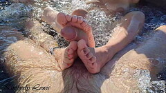 Cum On My Wet Step Sisters Feet - Dream Outdoor Bathtub Threesome Foot Job Thumb